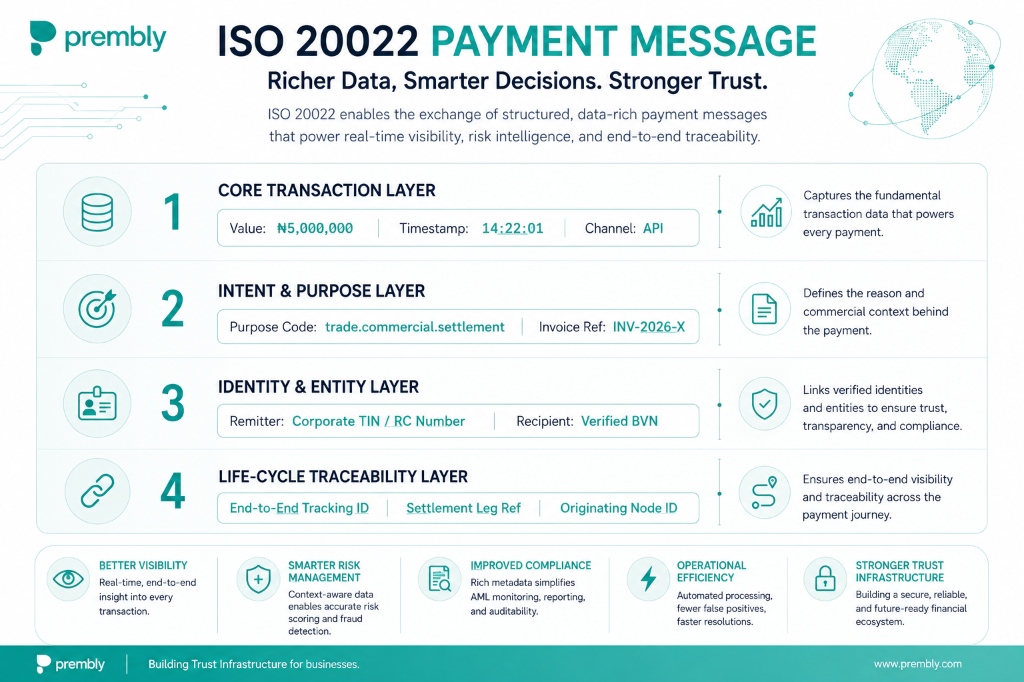 ISO 20022 Payment Message structure showing the four layers: Core Transaction, Intent and Purpose, Identity and Entity, and Life-Cycle Traceability